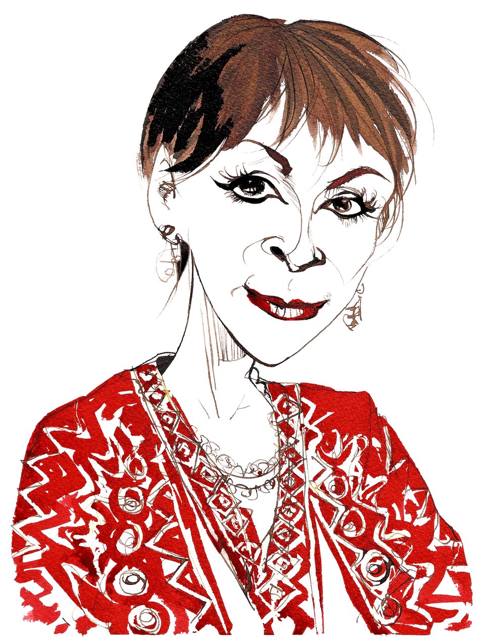 Isabel Allende, en çok The House of the Spirits (1982) ve City of the Beasts (2002) romanlarıyla tanınan Şilili-Amerikalı sihirli-gerçekçi yazar; karikatür by Neale Osborne