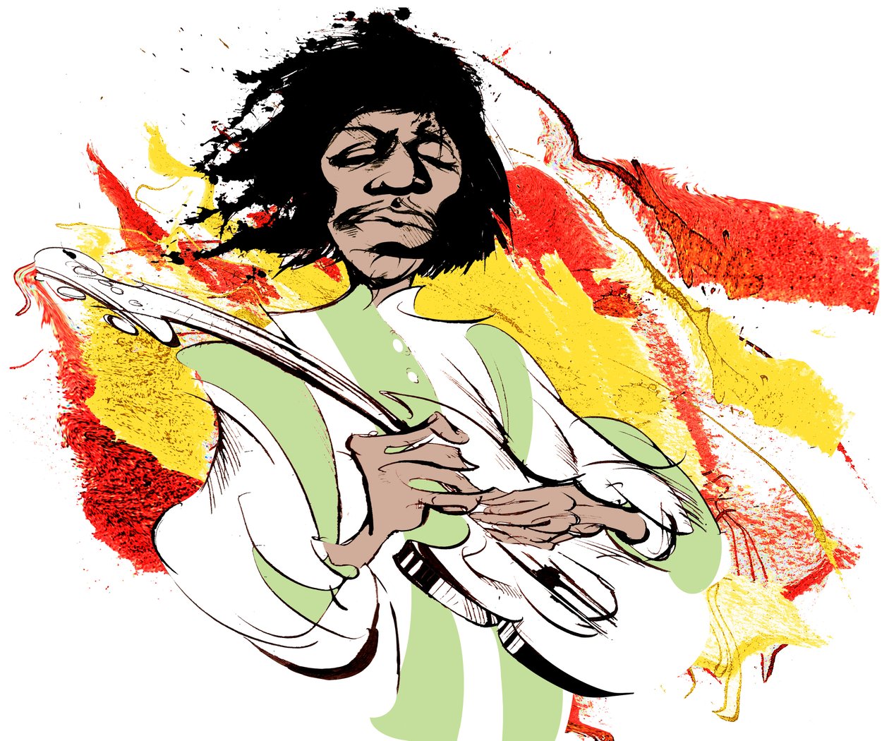 Jimi Hendrix, Amerikalı gitarist (1942-70), renkli karikatür by Neale Osborne