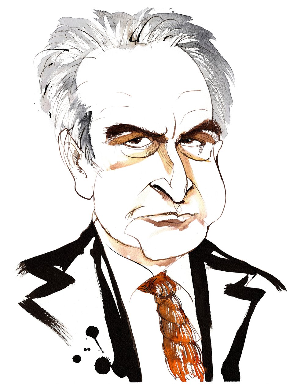 John Banville, İrlandalı romancı ve senarist; Benjamin Black mahlaslı suç yazarı; ilmek kravatlı karikatür by Neale Osborne