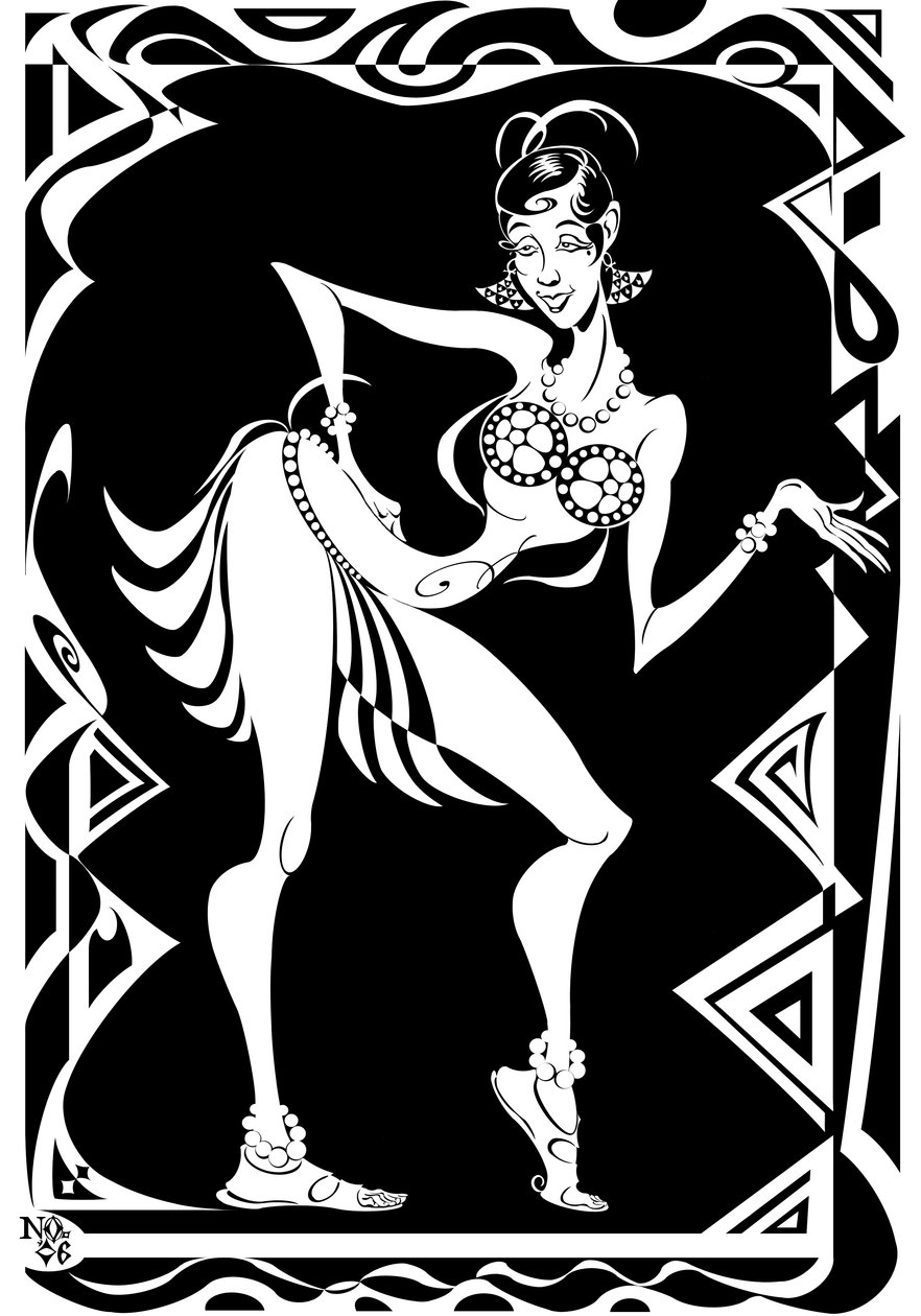 Josephine Baker, Amerikalı dansçı ve şarkıcı (1906-75), zikzak çerçeveli bw karikatür, 2006, Neale Osborne by Neale Osborne