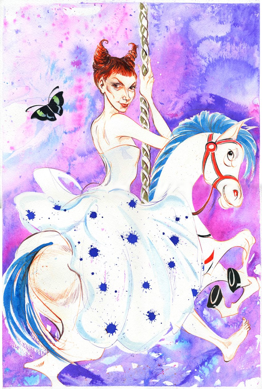 Patricia Petibon - Fransız opera şarkıcısının (soprano) atlıkarınca atının üzerinde karikatürü by Neale Osborne