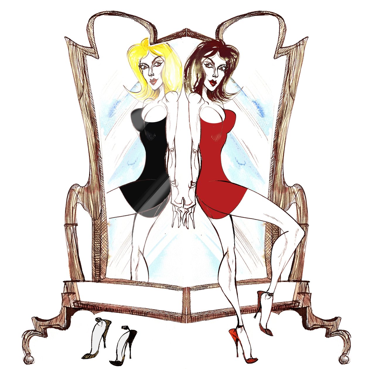 Zodyak İşaretleri: İkizler, zodyakın her işareti için bir tane olmak üzere bir dizi moda karikatüründen ikizleri yansıtıyor by Neale Osborne