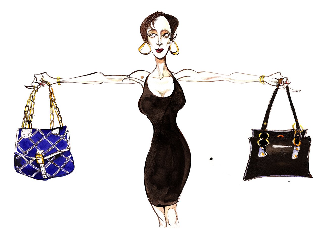 Signs of the Zodiac: Libra balancing handbags from a series of fashion caricatures, one for each sign of the zodiac by Neale Osborne