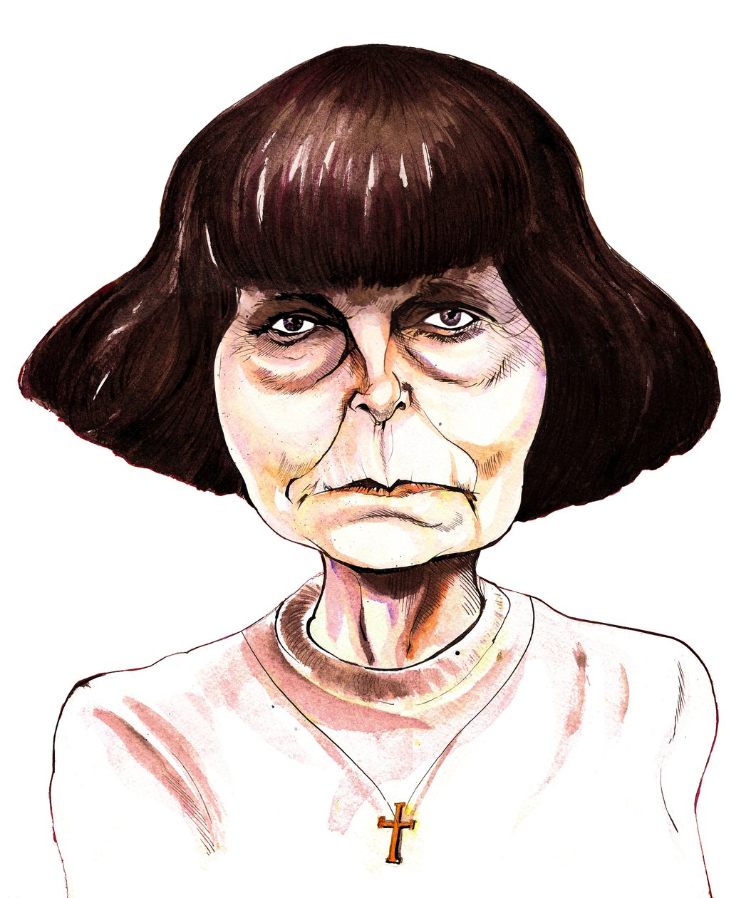 Sofia Gubaidulina, Russian composer colour ink caricature by Neale Osborne