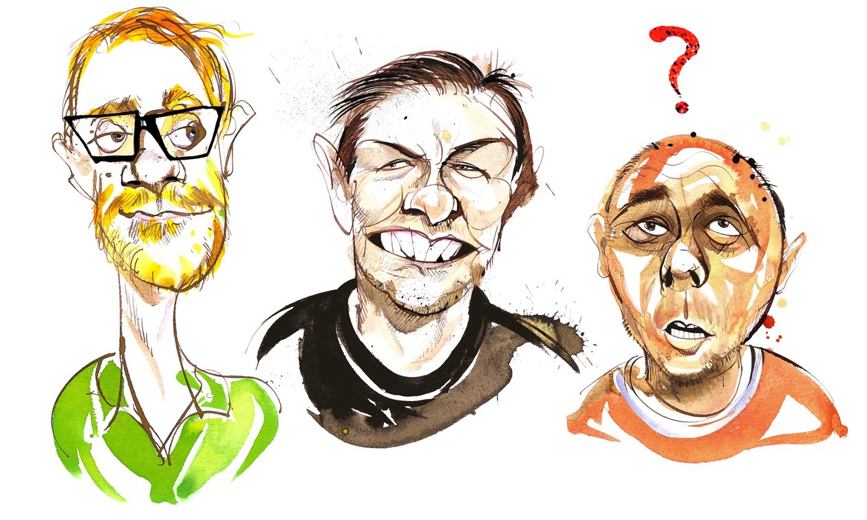 İngiliz komedi oyuncularıyla Ricky Gervais Şovu: Stephen Merchant , Ricky Gervais ve Karl Pilkington by Neale Osborne