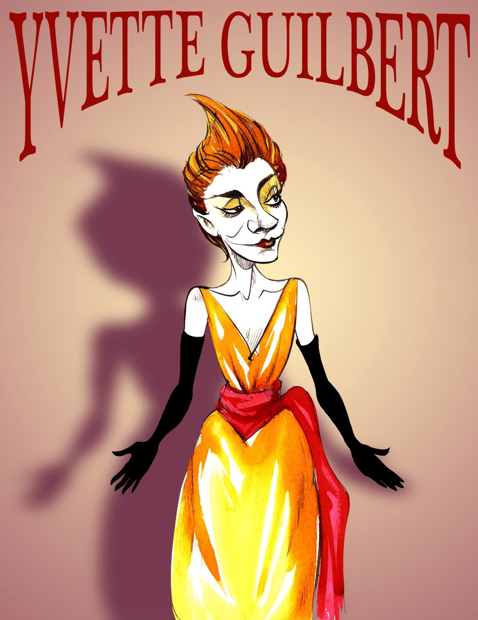 Yvette Guilbert, Fransız aktris ve kabare şarkıcısı, (1867 - 1944) karikatürü, belle epoque poster tarzında harflerle by Neale Osborne