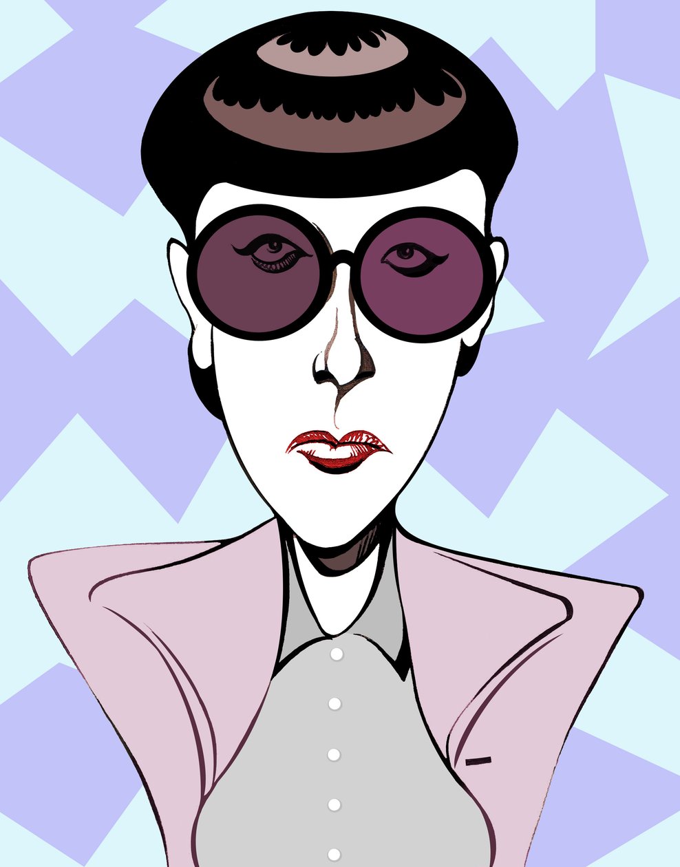 Edith Head, Amerikalı kostüm tasarımcısı (1907 - 1981), koyu renk gözlüklü renkli karikatür by Neale Osborne