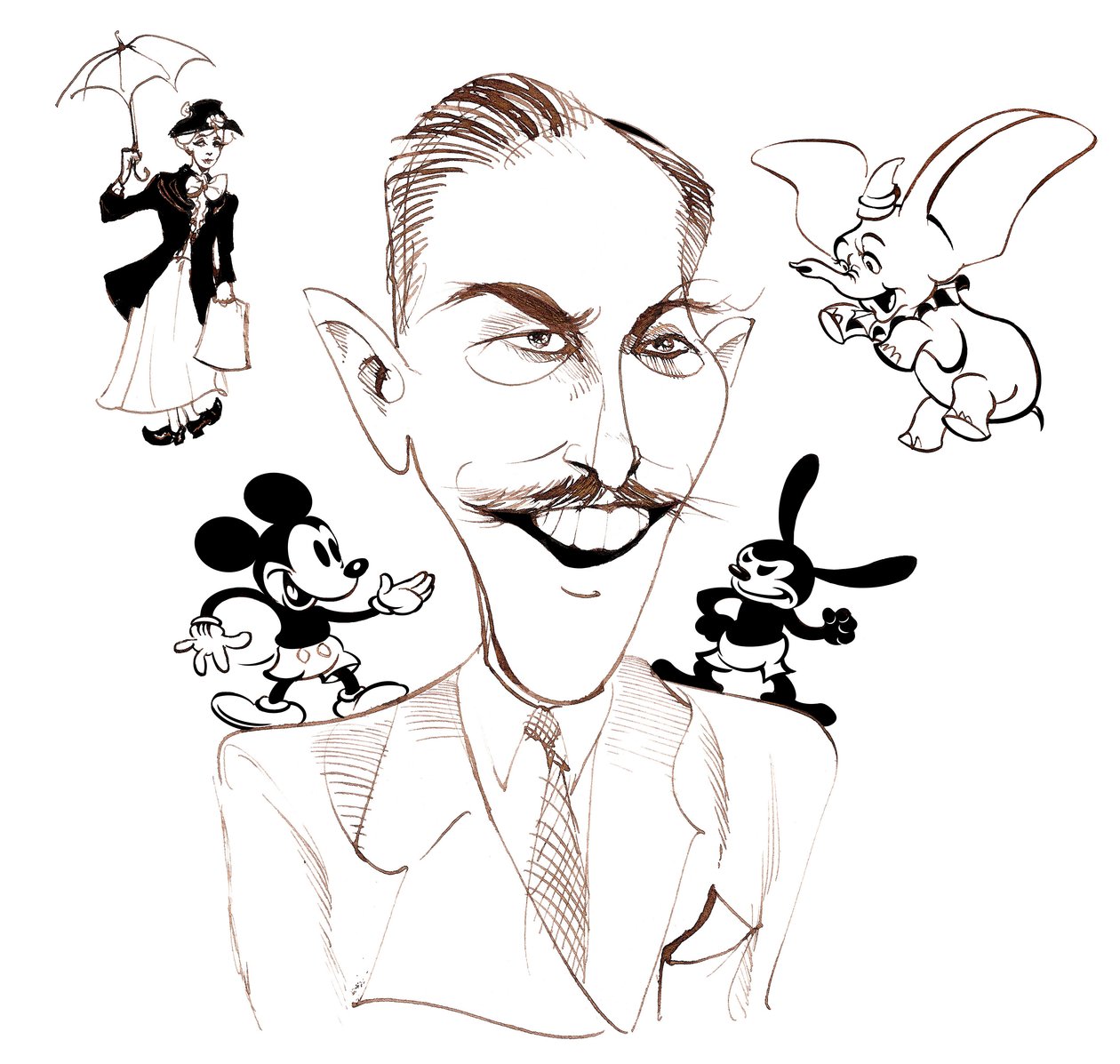Walt Disney, Amerikalı film yapımcısı, iş adamı, karikatürist ve animatör; Mary Poppins ile karikatürize edildi by Neale Osborne