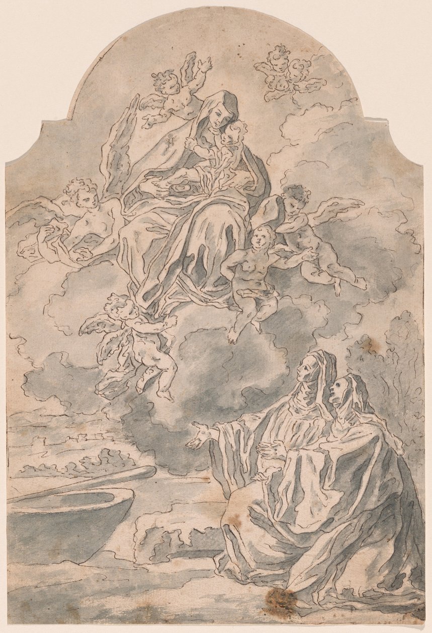 Bakire ve Çocuk İki Kadın Manastıra Görünüyor by Neapolitan 17th Century