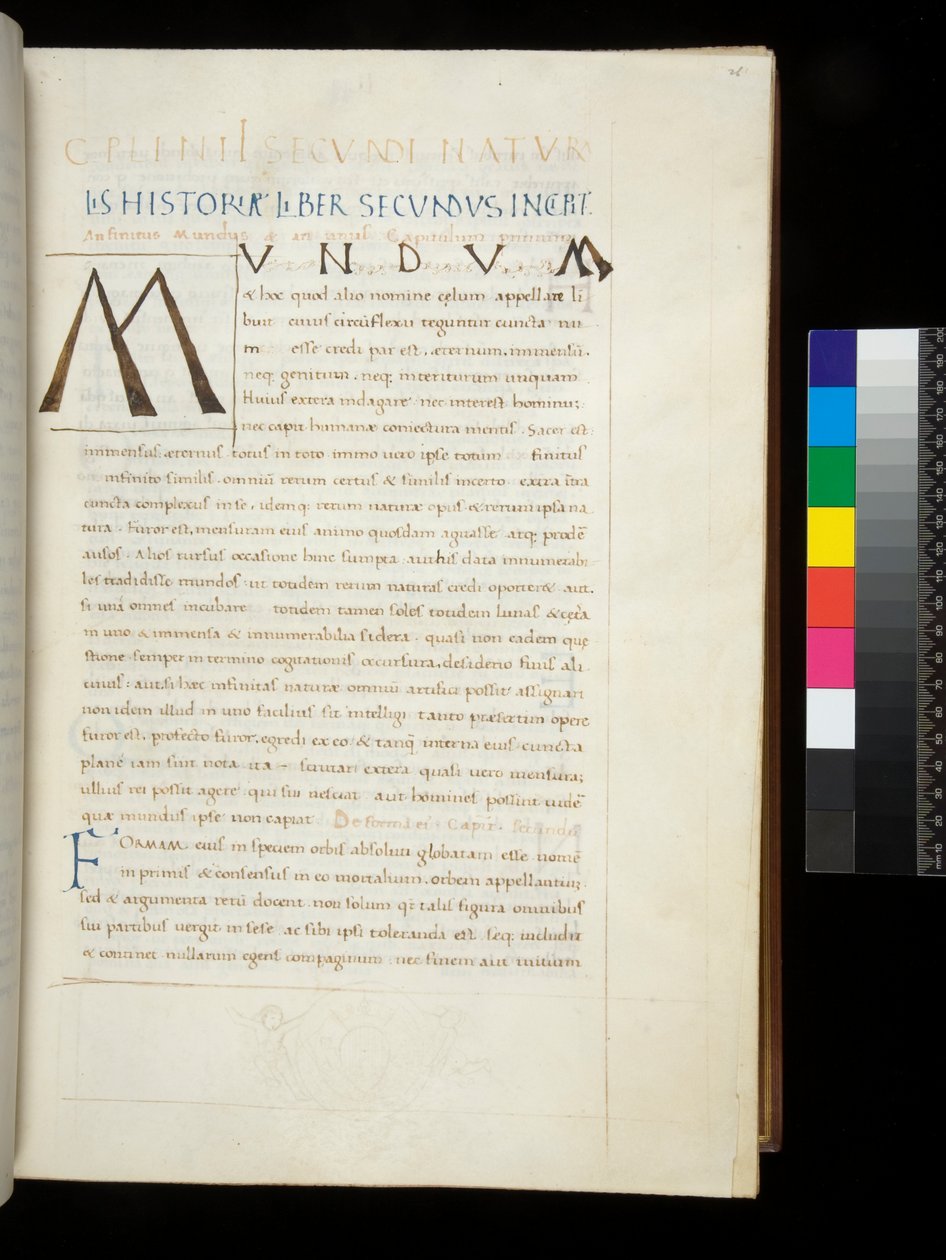 Bayan 394.1. Yaşlı Pliny, Historia naturalis, f.26r. Dekoratör tarafından boş bırakılan boş alana kalemin baş harfi [M] eklendi, Napoli, 15. yüzyıl ortası, c.1442 (parşömen) by Neapolitan School
