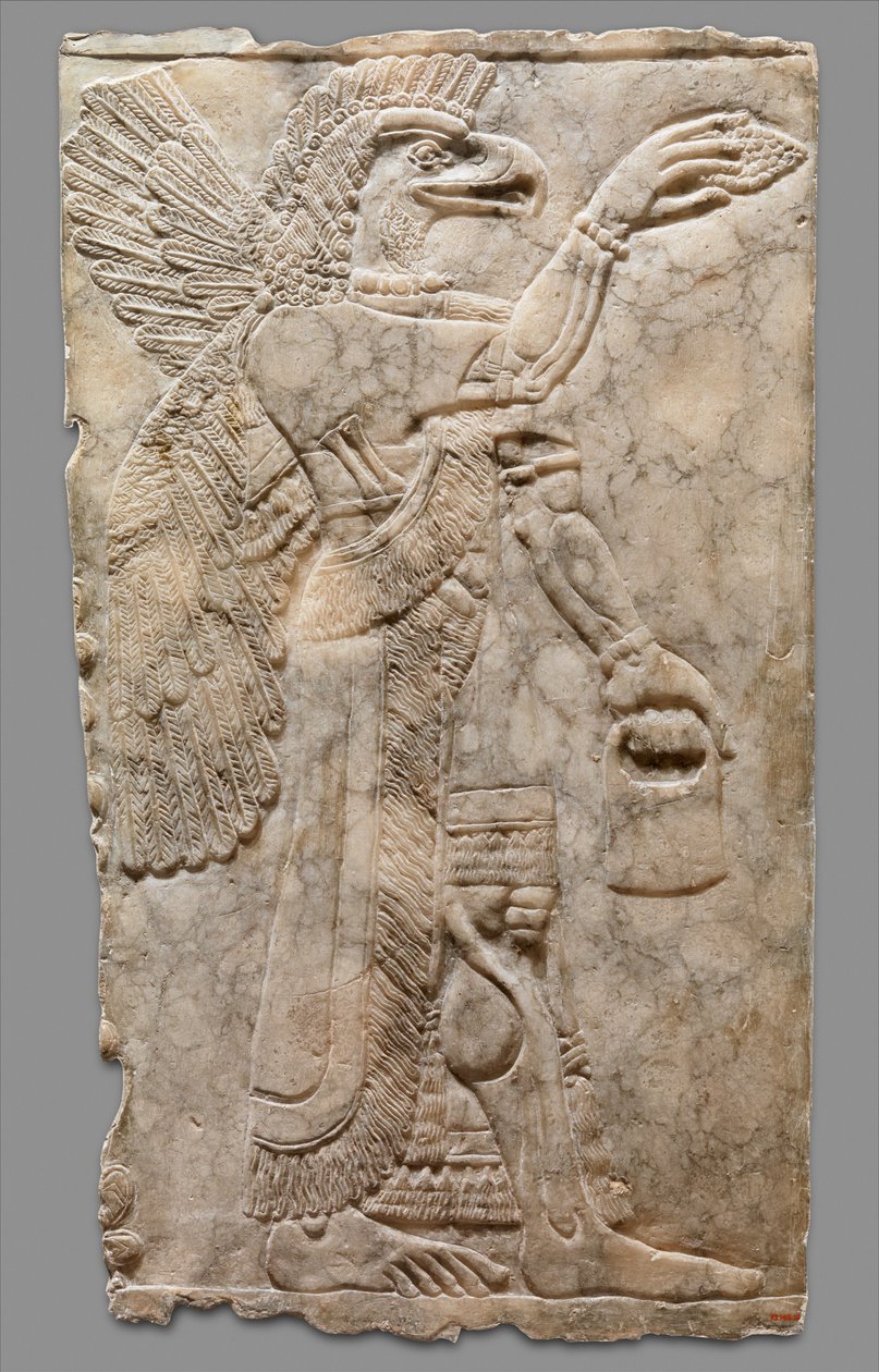 Kanatlı kartal başlı doğaüstü figürün kabartma panosu, MÖ 883-59 dolayları. (alçıtaşı kaymaktaşı) by Neo Assyrian