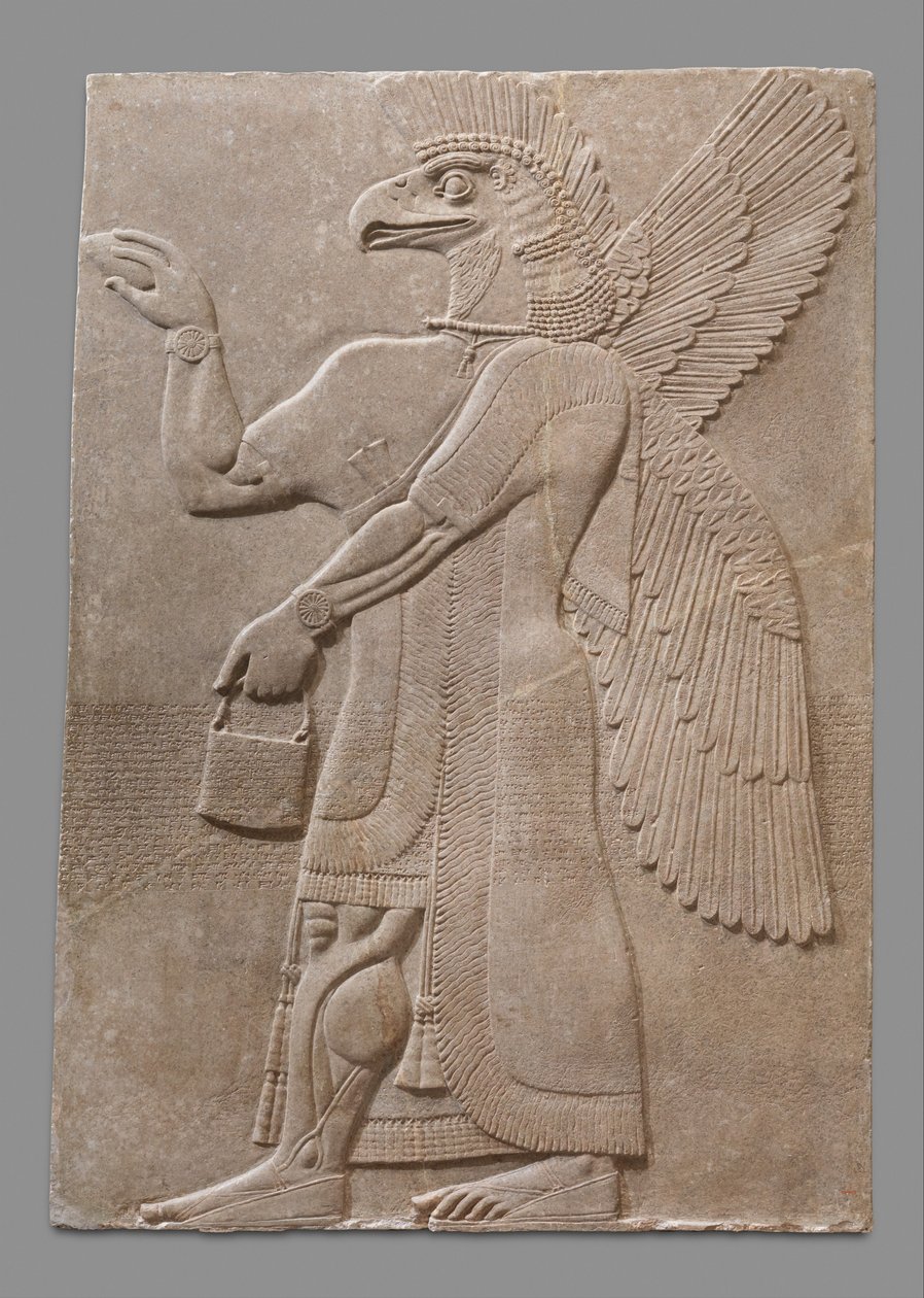 Kanatlı kartal başlı doğaüstü figürün kabartma panosu, MÖ 883-59 dolayları. (alçıtaşı kaymaktaşı) by Neo Assyrian