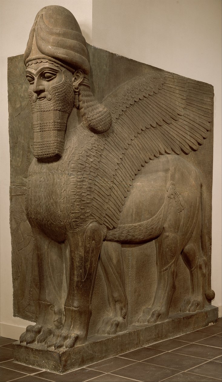 İnsan başlı kanatlı aslan (lamassu), MÖ 883-859 dolayları (alçıtaşı kaymaktaşı) by Neo Assyrian