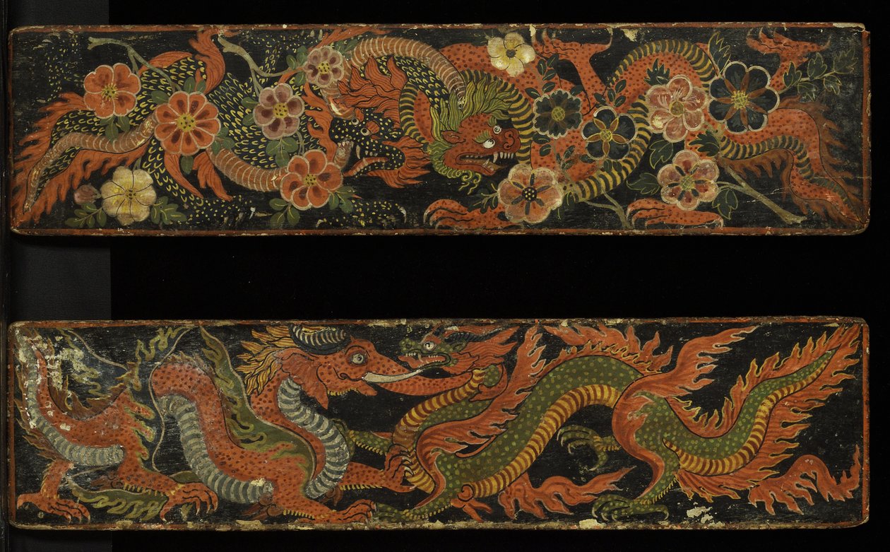 Bir çift Budist el yazması kapağı, 1659 (ahşap üzerine opak tuvalet) by Nepalese School
