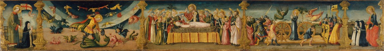 Saint Lawrence, Saint Michael and the Dragon, the Dormitio Virginis and the Martyrdom of Saint Catherine  by Neri di Bicci