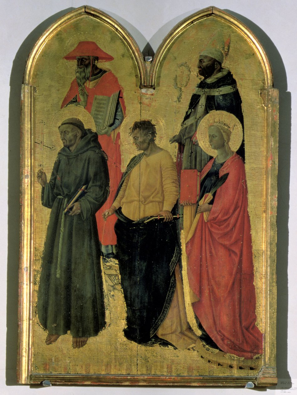 St. Francis, St. Jerome, St. Philip, St. Catherine ve bir piskopos azizi, c.1444 (panelde tempera) by Neri di Bicci