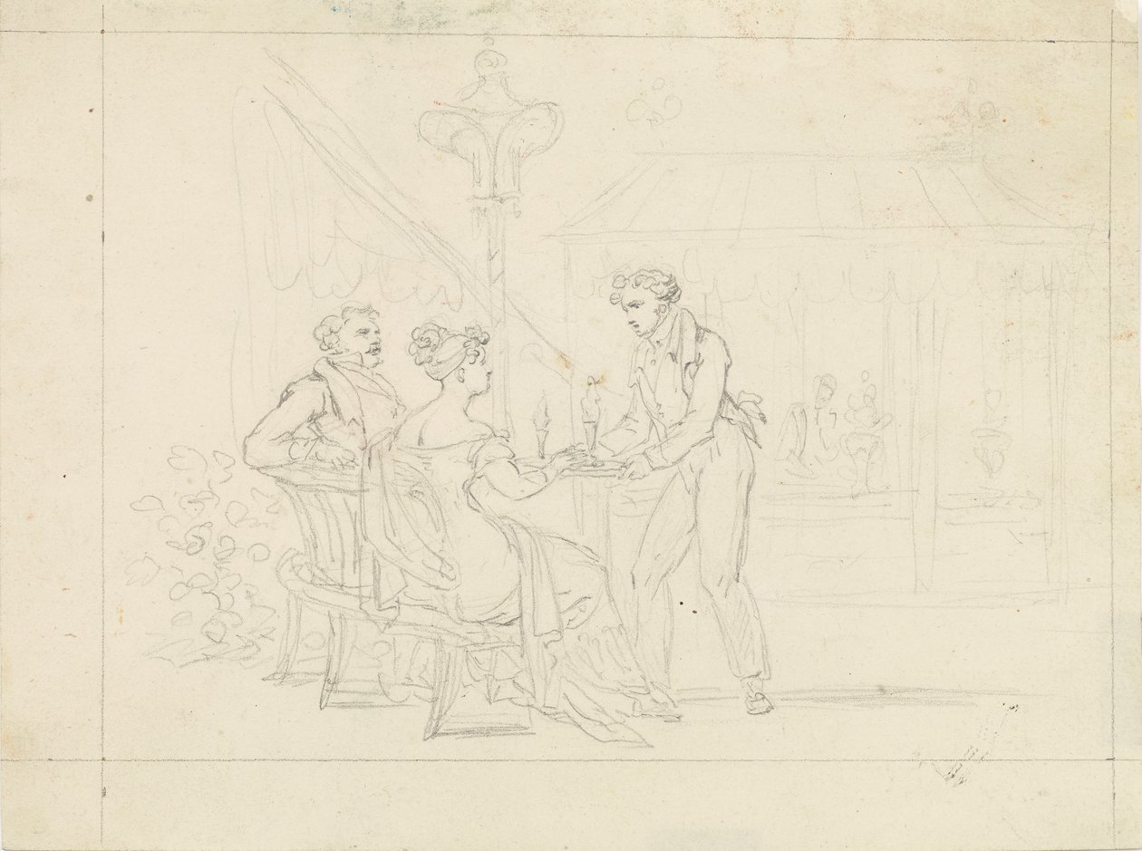 Biedermeier çifti bir kafede, garson dondurma servisi yapıyor. by Leopold Blonder