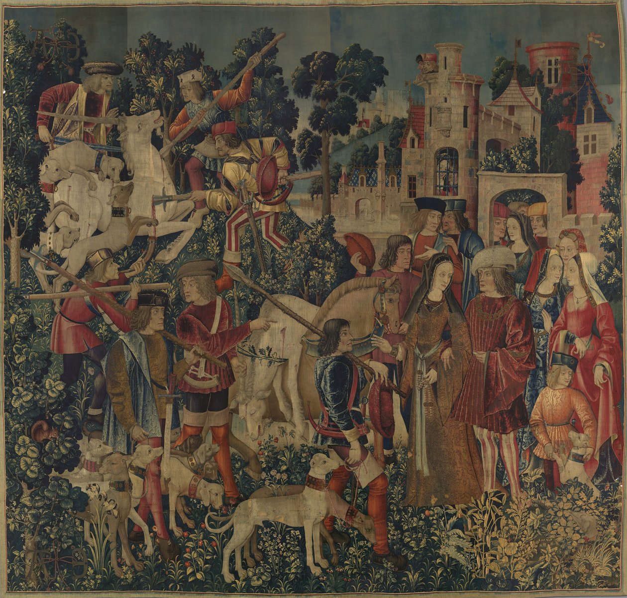 Unicorn Öldürüldü ve Kaleye Getirildi, c.1500 (yün, ipek, gümüş ve yaldızlı atkılarla yün çözgü) by Netherlandish School