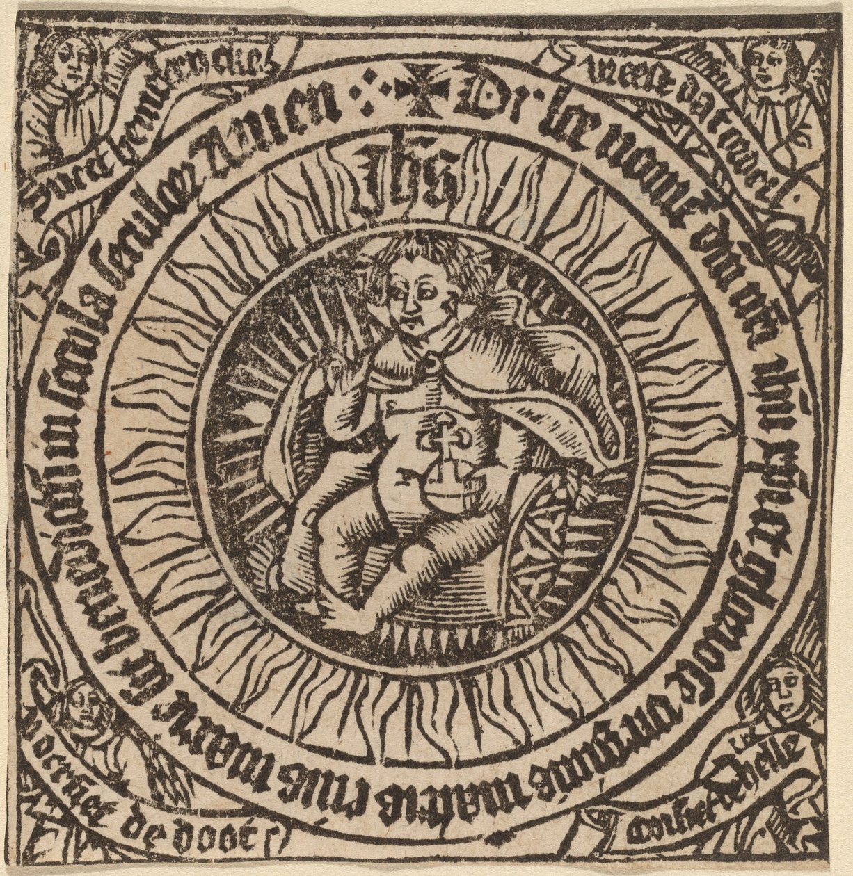 Dört Melekli Bir Dairede Küre ile İlahi Bebek by Netherlandish 15th Century