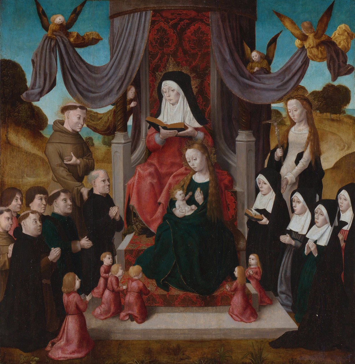 Aziz Anne Anna Selbdritt, Aziz Francis, Lidwina ve bağışçılar ile Bakire ve Çocuk, c. 1490-1 by Netherlandish Master