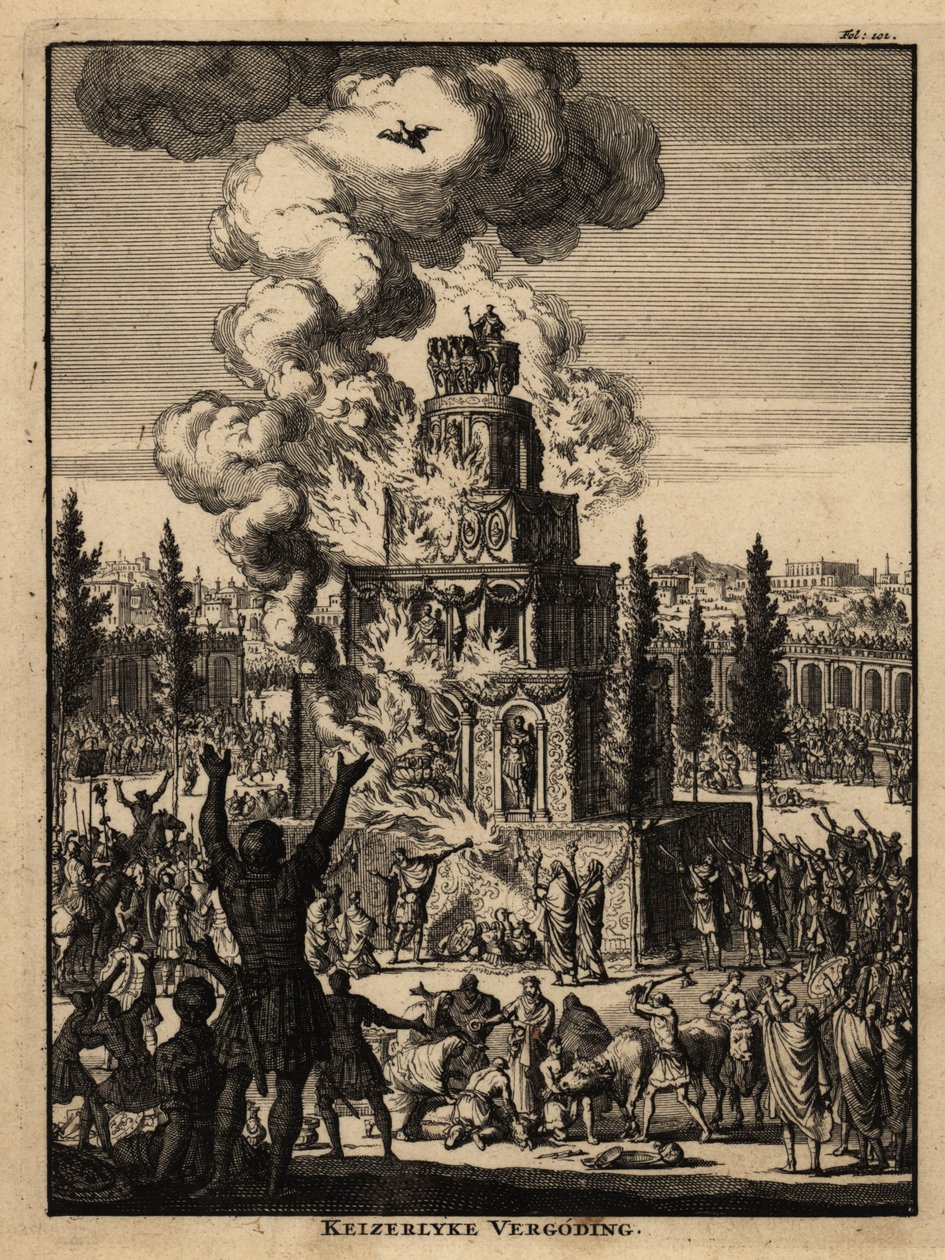 Roma'da bir Roma İmparatoru için beş katlı cenaze ateşi. by Netherlandish School
