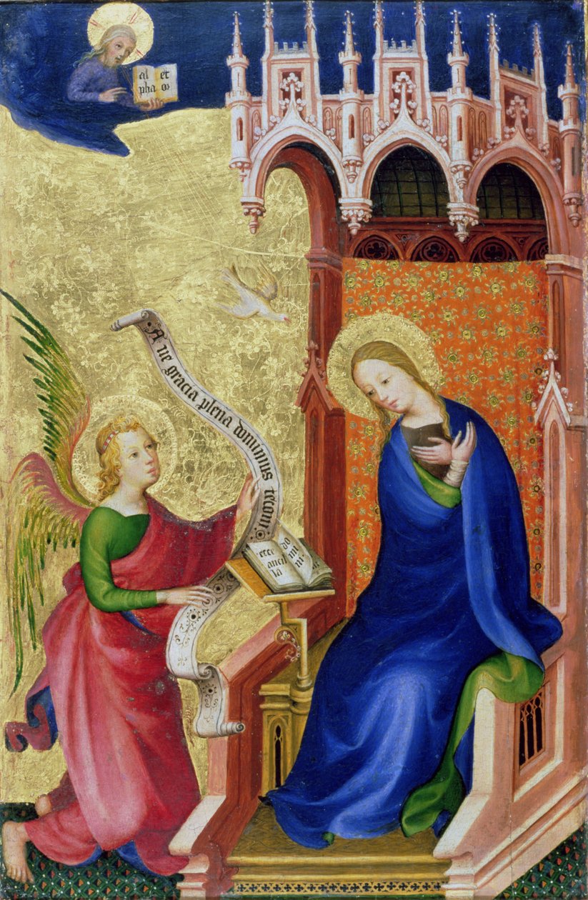 Müjde, katlanır bir mihraptan, c.1400 (panelde tempera ve altın varak) by Netherlandish School
