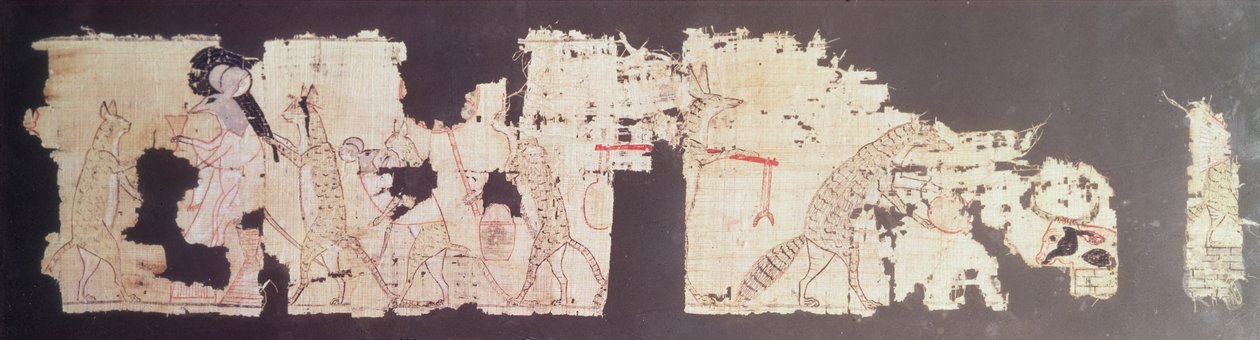 Kediler tarafından sunulan bir fareyi betimleyen satirik papirüs (papirüs) by New Kingdom Egyptian