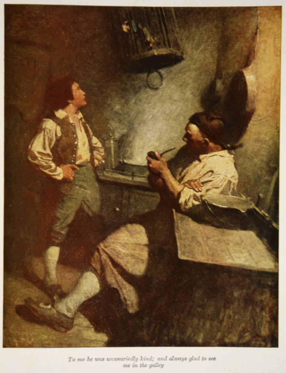 Bana karşı bıkmadan usanmadan kibardı ve beni mutfakta görmekten her zaman memnundu, Robert Louis Stevenson'ın 'Treasure Island' adlı bir meyhaneden bir illüstrasyon. Charles Scribner's Sons, 1911 by Newell Convers Wyeth