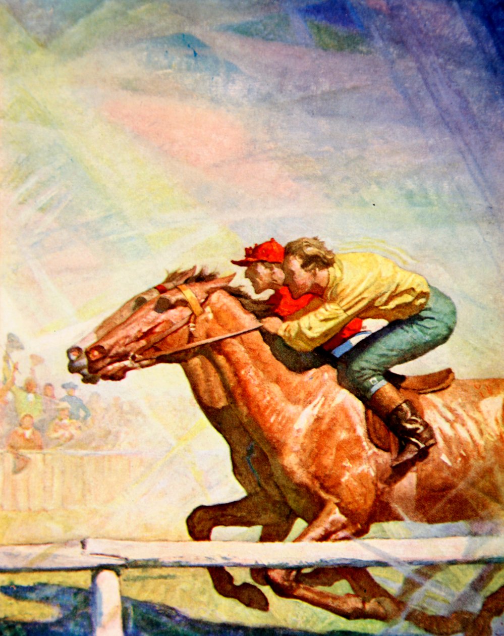 Jokey, küfrederek ve kırbaçlayarak kazanan direğe doğru çekildi (renkli taş) by Newell Convers (after) Wyeth