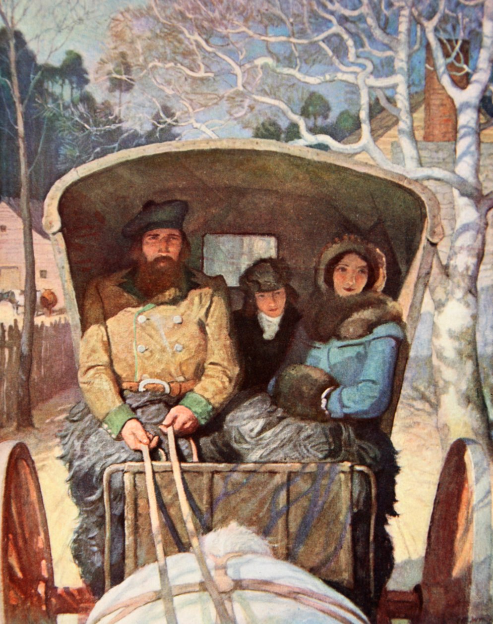 Fraser ailesi atlı arabada sıcak giyinmiş (renkli lito) by Newell Convers (after) Wyeth