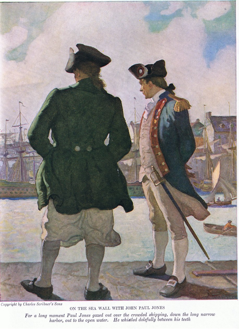 John Paul Jones ile deniz duvarında: John Paul, uzun bir süre liman boyunca açık suya giden gemiye baktı, 1928 by Newell Convers Wyeth