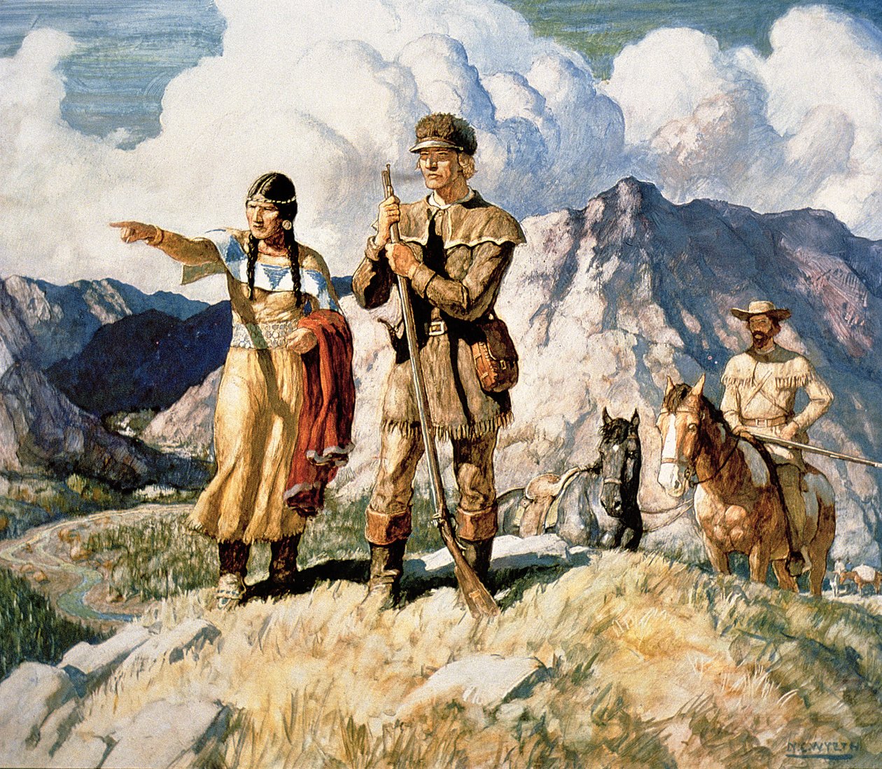 1804-06 seferleri sırasında Lewis ve Clark ile Sacagawea (renkli lito) by Newell Convers Wyeth