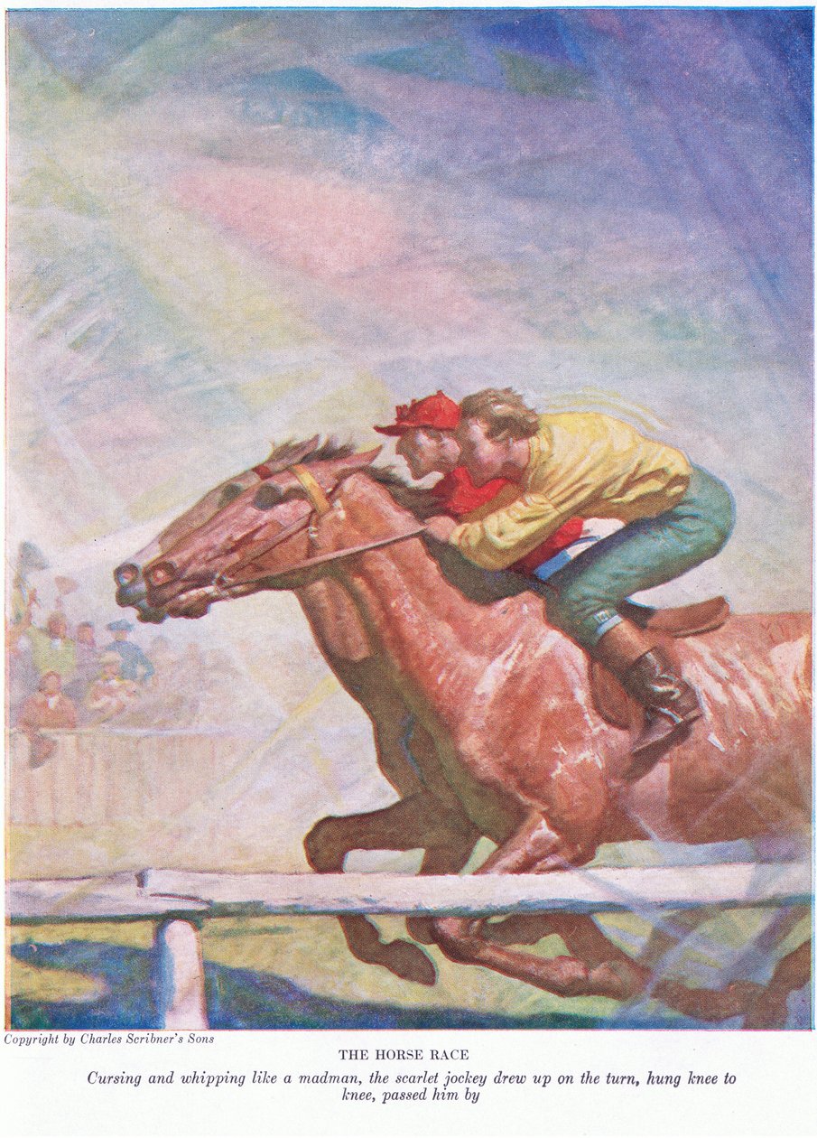 At yarışı: Deli gibi sövüp kamçılayan kızıl jokey, dönüşte yanaştı, diz dize asıldı, yanından geçti, 1928 by Newell Convers Wyeth