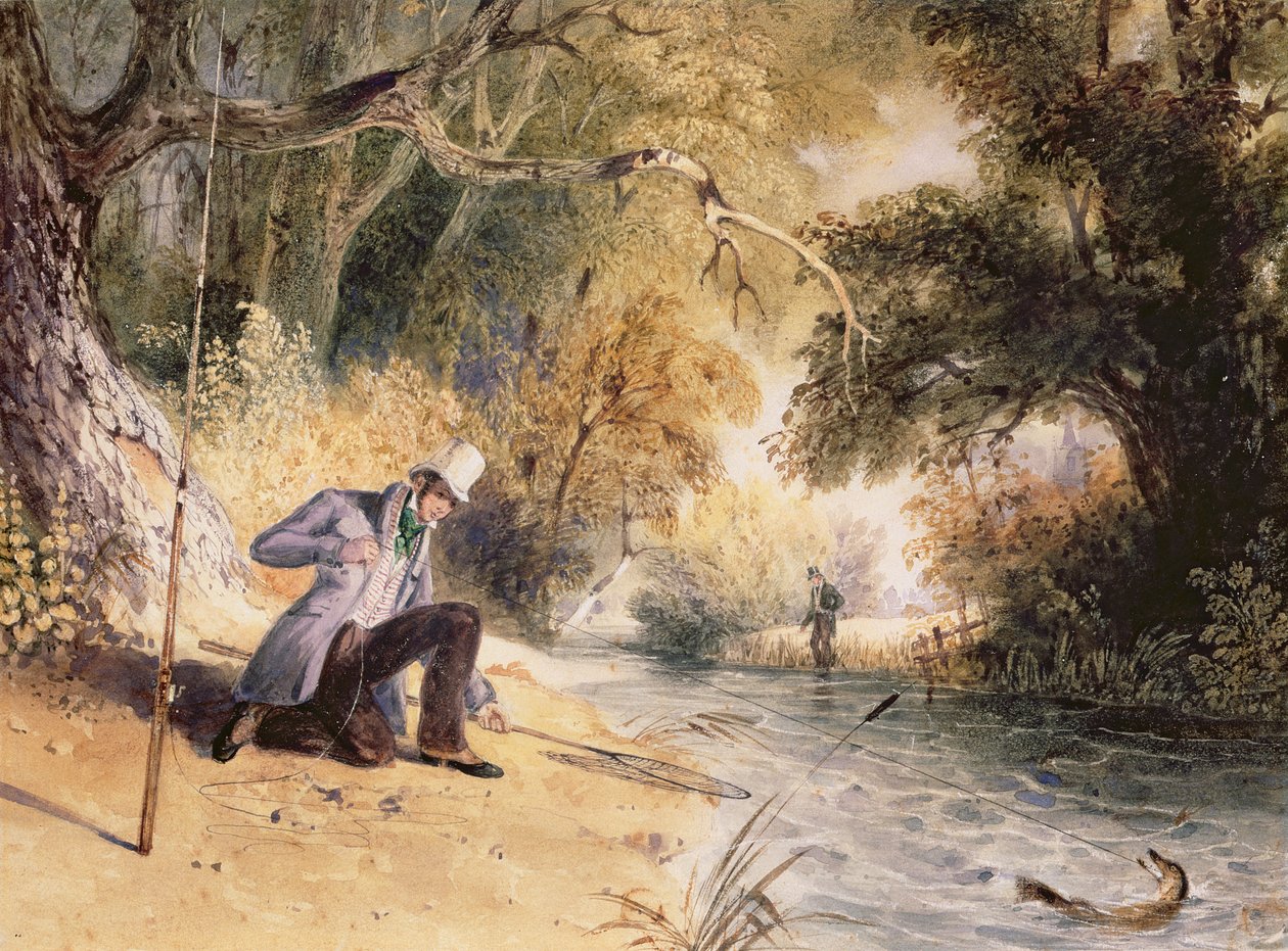 Pike Fishing, Jack Landing, 1839 dolayları (kağıt üzerine suluboya) by Newton Fielding