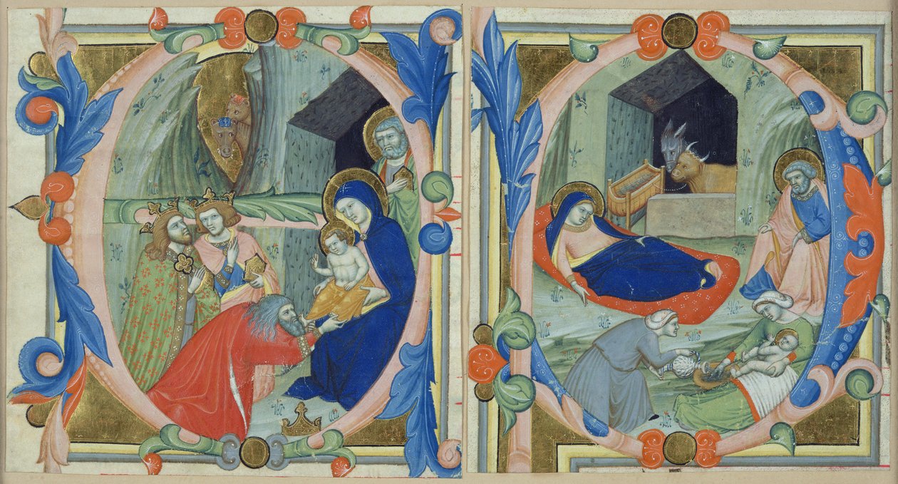 Baştaki 'E' harfindeki Magi'ye Tapınma ve ilk 'F' harfindeki Doğuş (parşömen ve altın) by Niccolo di ser Sozzo Tegliacci