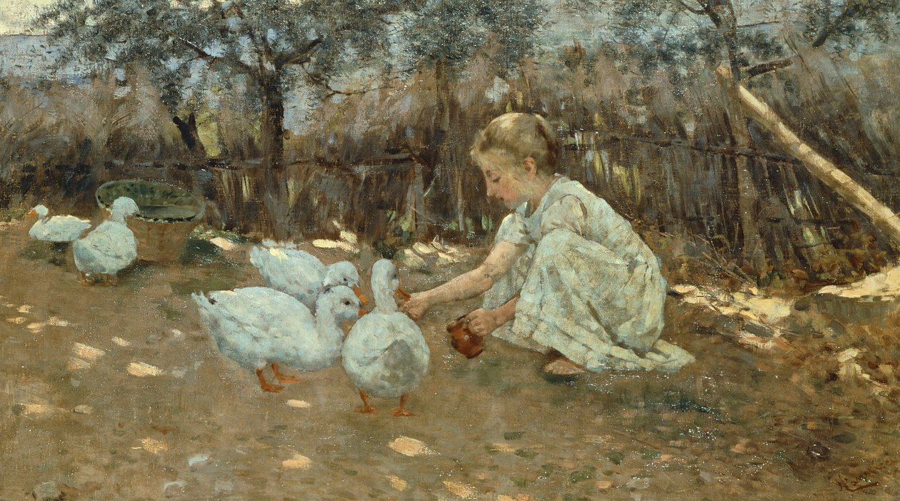 Niccolo Cannicci'nin (1846-1906) küçük kaz sürüsü, yaklaşık 1892, tuval üzerine yağlı boya, 40,5x70,5 cm. by Niccolo Cannicci