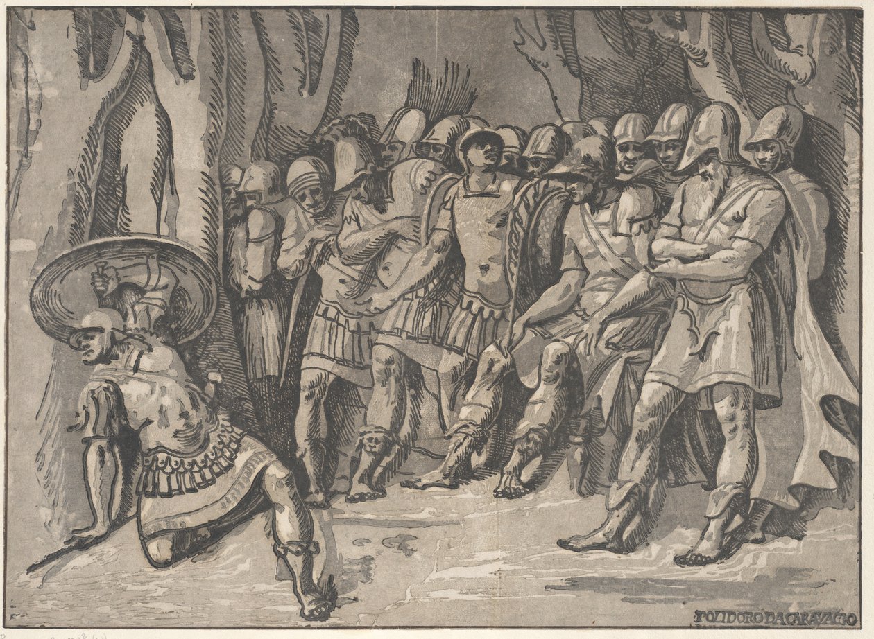 Ajax sol altta bir kalkan tutuyor, sağda Agamemnon duruyor..., 1540-50. by Niccolo Vicentino