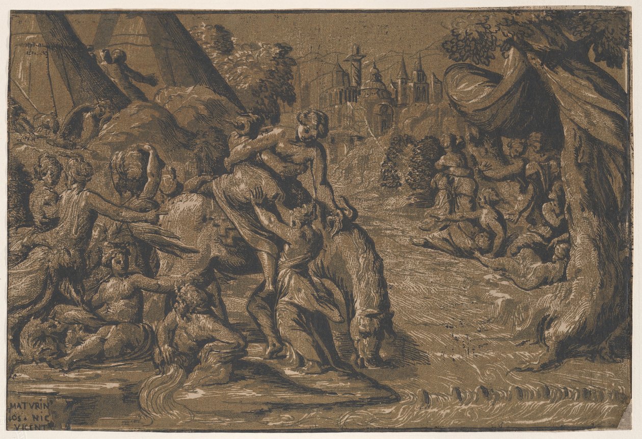 Ortada bir ata bindirilen Roma kahramanı Cloelia, arka planda Roma,..., 1540-50 by Niccolo Vicentino