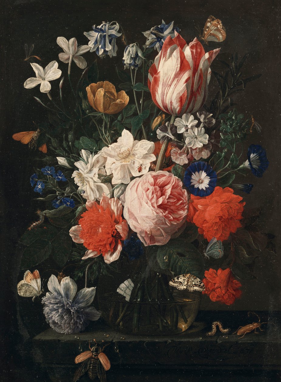 Taş bir çıkıntının üzerindeki cam vazoda gül, lale, sabah sefası ve diğer çiçekler, 1671 by Nicholaes van Verendael