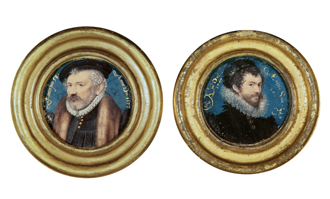 LtoR:Richard Hilliard (151819-94) sanatçıların babası, c.1577 ve Self Portrait, 1577 (kartın üzerine parşömen üzerine yerleştirilmiş wc) by Nicholas Hilliard
