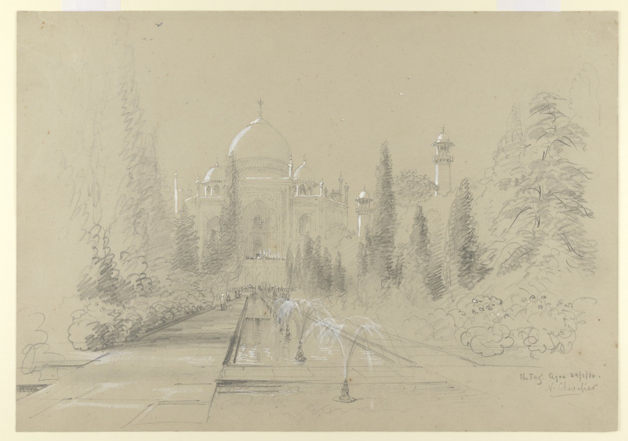 Tac Mahal, Agra, 24 Ocak 1870 (kağıt üzerinde beyaz kabartmalı kurşun kalem) by Nicholas Chevalier