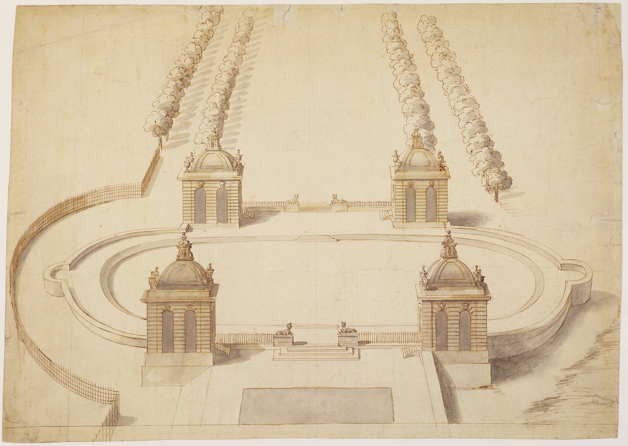 Bowling Green için tasarım, Hampton Court, c.1689-91 (kağıt üzerinde kalem ve kahverengi mürekkep, yıkama ve grafit) by Nicholas Hawksmoor