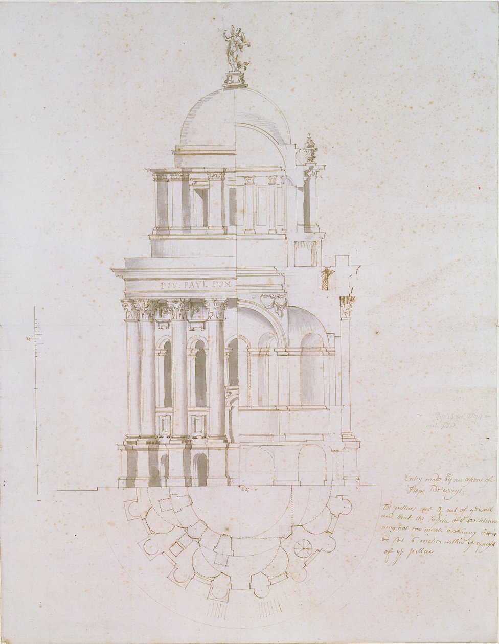 St. Paul Katedrali için gerçekleştirilmemiş bir vaftizhanenin yüksekliği, kesiti ve planı, c.1711-12 (kağıt üzerinde kalem ve mürekkeple yıkama) by Nicholas Hawksmoor
