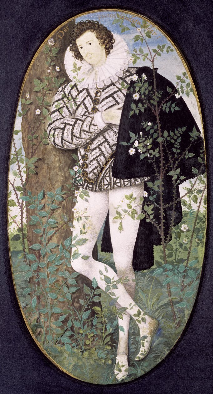 Güller Arasında Bir Ağaca Yaslanmış Genç Bir Adam (vücut rengi parşömen üzerine) by Nicholas Hilliard