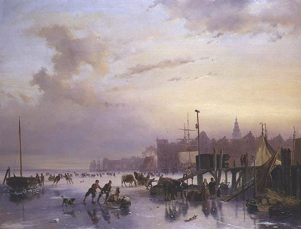 Çok sayıda patenci ile bir kış nehir manzarası by Nicholas Jan Roosenboom