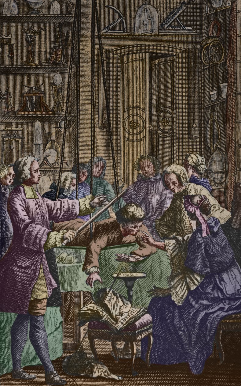 Abbe Jean Antoine Nollet (1700-70) tarafından bir fizikçi kabininde bir adam üzerinde yapılan elektrik deneyi, Nollet tarafından Essai sur lelectricite des corps