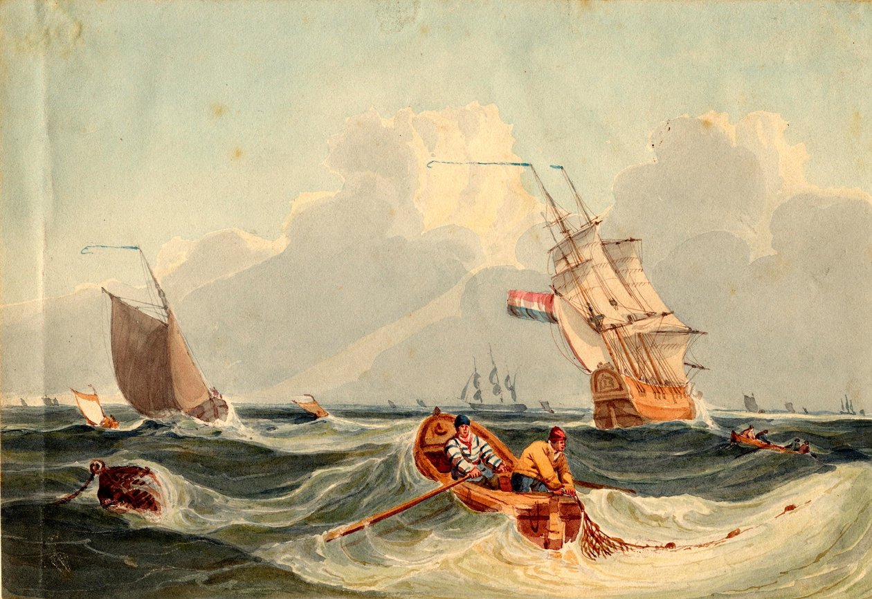Nakliye ile Deniz Manzarası (kağıt üzerine kalem ve sulu boya) by Nicholas Pocock