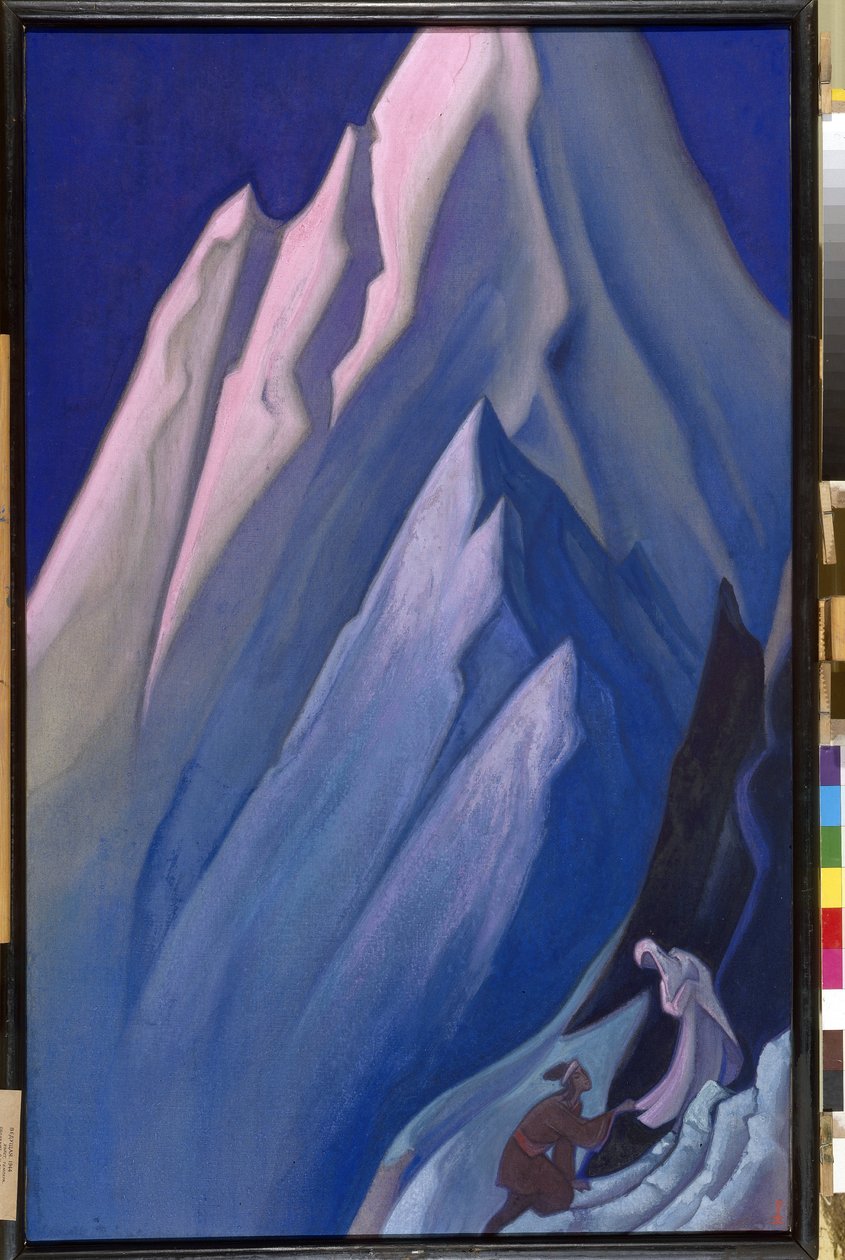 O Yöneten. Himalaya dağlarında, diz çökmüş bir adam, Budist maneviyatı olan bir kadının cübbesinin dibine dokunur. Nicholas Roerich