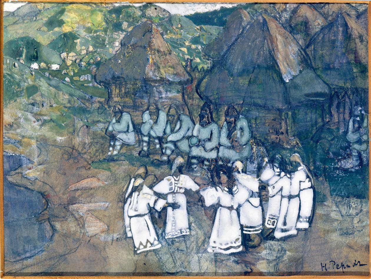 Daire dansı (yuvarlak). 1900-1910 dolaylarında Nicolas (Nicholas) Roerich (1874-1947), kağıt üzerine suluboya ve guaj çalışması. Rus sanatı, 20. yüzyıl, sembolizm; Devlet M. Nesterov Cumhuriyet Başkurdistan Sanat Müzesi, Ufa (Rusya). by Nicholas Roerich