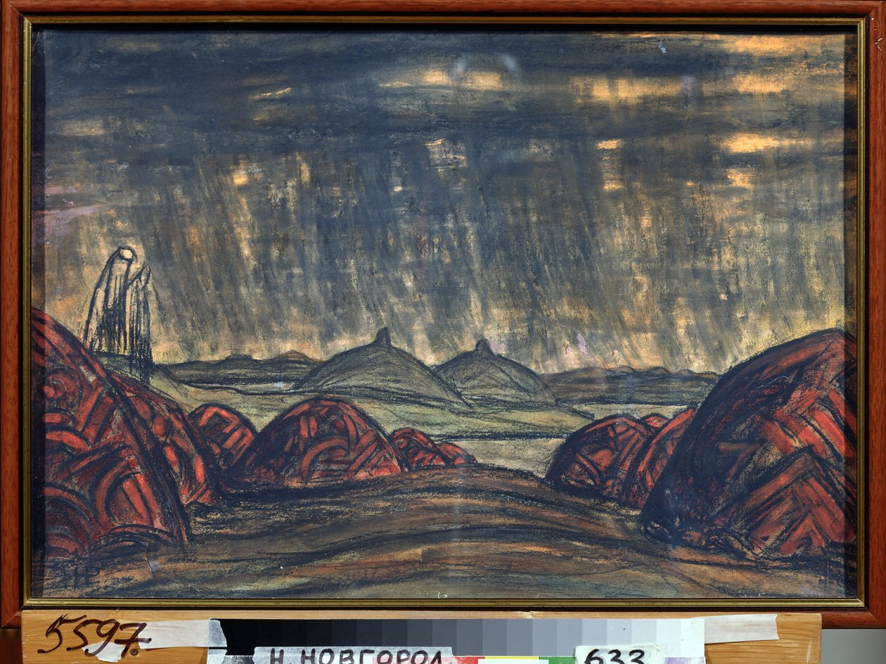 Polovtsien kampı (veya Couman, Kouman). Alexandre Borodin (Borodin) (1833-1887) tarafından Prens Igor operası için hazırlık dekoru. Nicholas Roerich